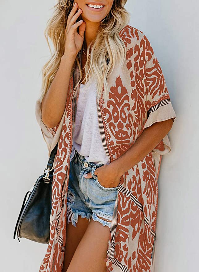 2021 Bohemian Printed V-neck Half Sleeve Plus Size Beach Wear Kimono Cardigan Tunic Women Tops and Blouses Shirts A367