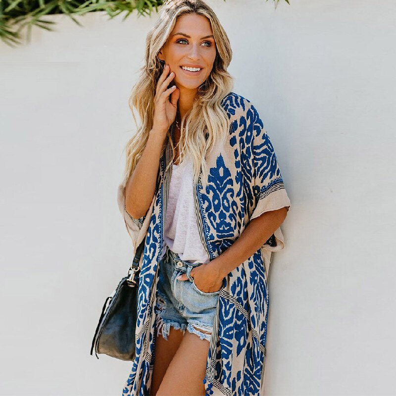 2021 Bohemian Printed V-neck Half Sleeve Plus Size Beach Wear Kimono Cardigan Tunic Women Tops and Blouses Shirts A367