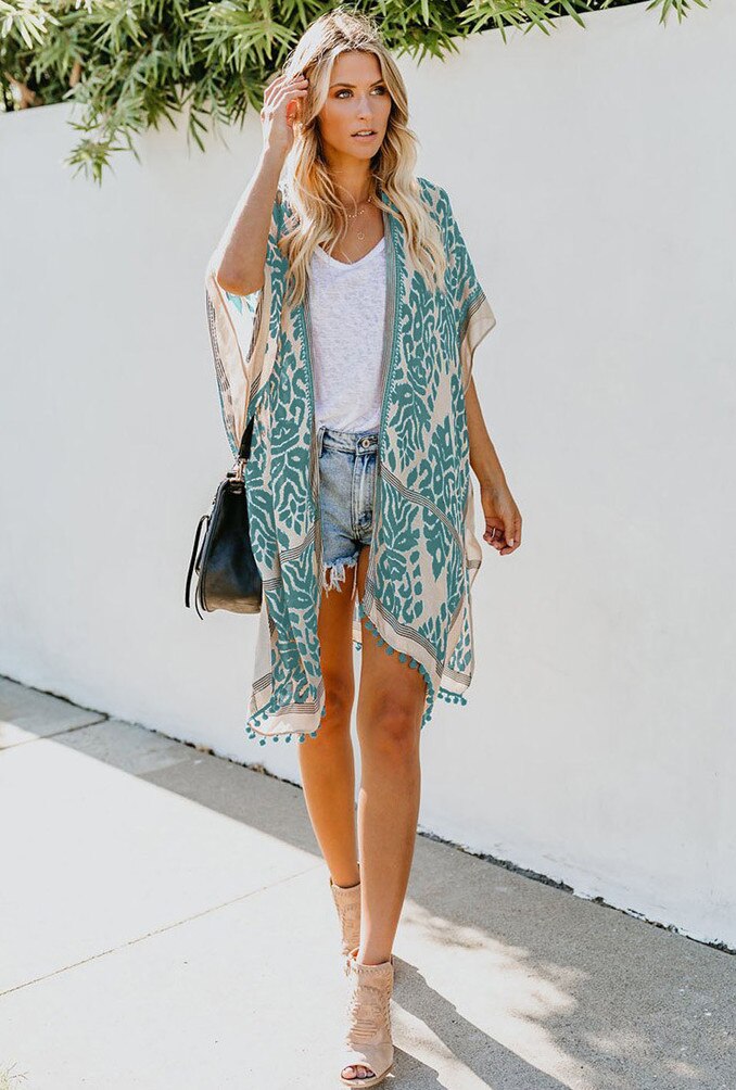 2021 Bohemian Printed V-neck Half Sleeve Plus Size Beach Wear Kimono Cardigan Tunic Women Tops and Blouses Shirts A367