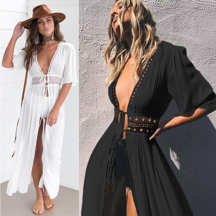 Bikini Cover Up Beach Long Maxi Dress Women Beach Cover Up Tunic Pareo White V Neck Dress Robe Swimwear Bathing Suit Beachwear