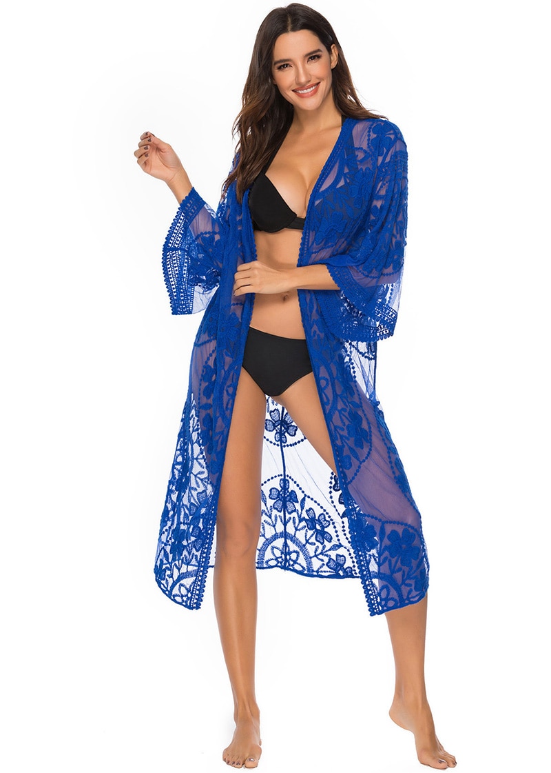Fitshinling Flower Lace Beach Cover Up Swimwear Kimono Flare Sleeve See Through Long Cardigan Bikini Outer Cover Sexy Cover-Ups