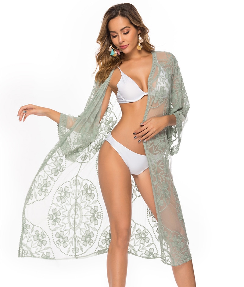 Fitshinling Flower Lace Beach Cover Up Swimwear Kimono Flare Sleeve See Through Long Cardigan Bikini Outer Cover Sexy Cover-Ups