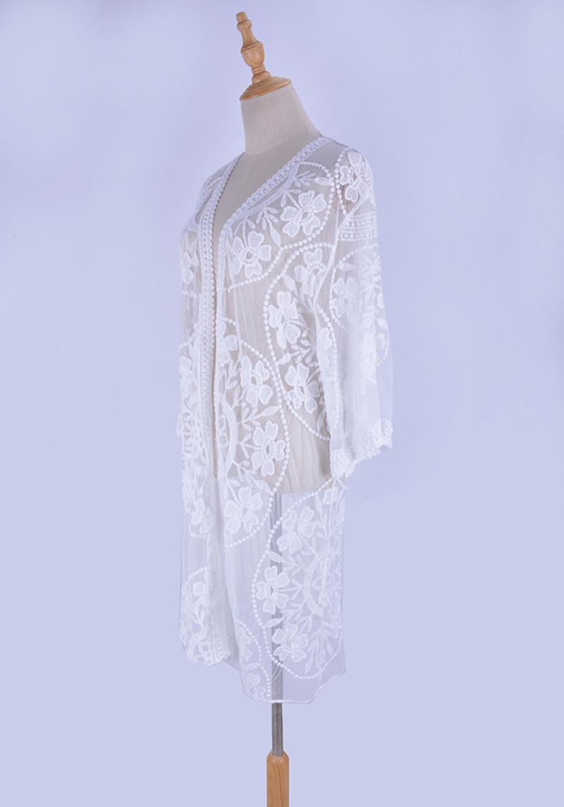 Fitshinling Flower Lace Beach Cover Up Swimwear Kimono Flare Sleeve See Through Long Cardigan Bikini Outer Cover Sexy Cover-Ups