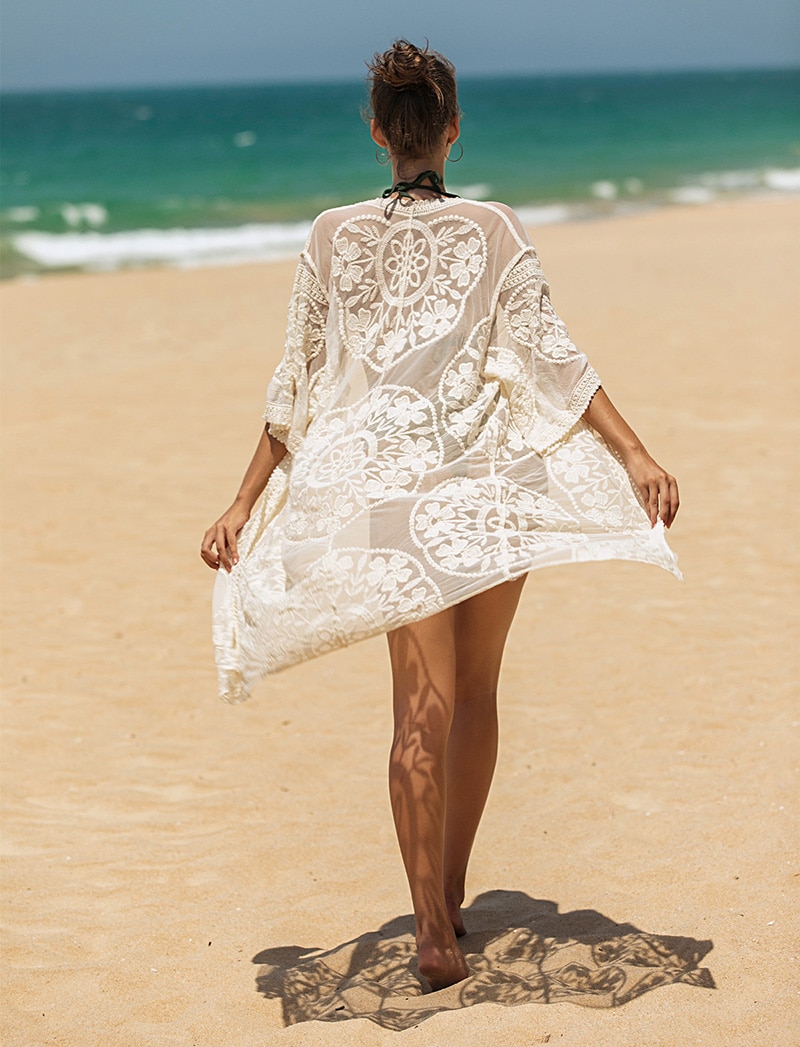 Fitshinling Flower Lace Beach Cover Up Swimwear Kimono Flare Sleeve See Through Long Cardigan Bikini Outer Cover Sexy Cover-Ups