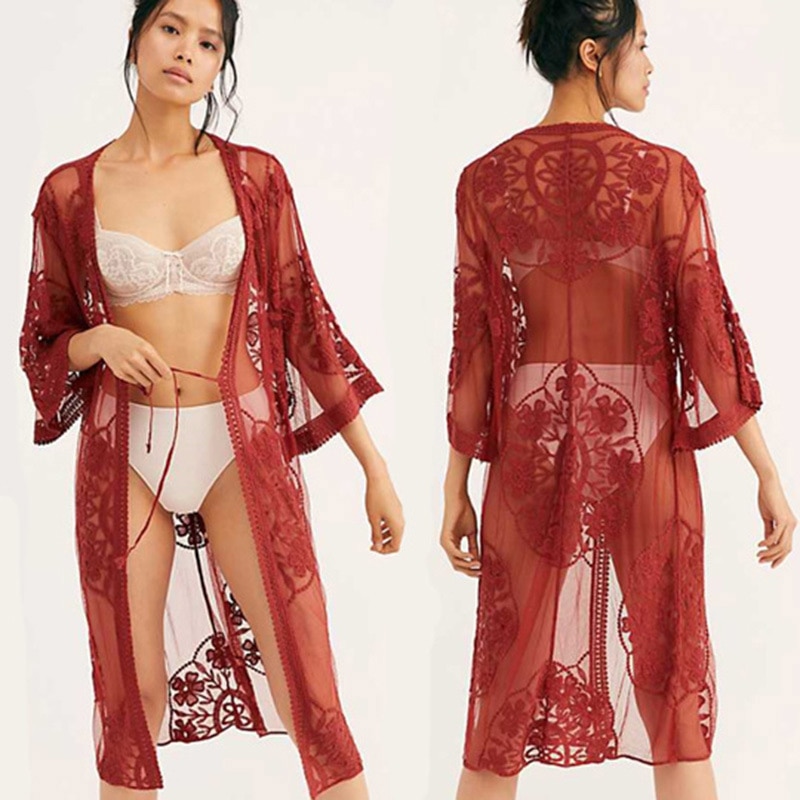 Fitshinling Flower Lace Beach Cover Up Swimwear Kimono Flare Sleeve See Through Long Cardigan Bikini Outer Cover Sexy Cover-Ups