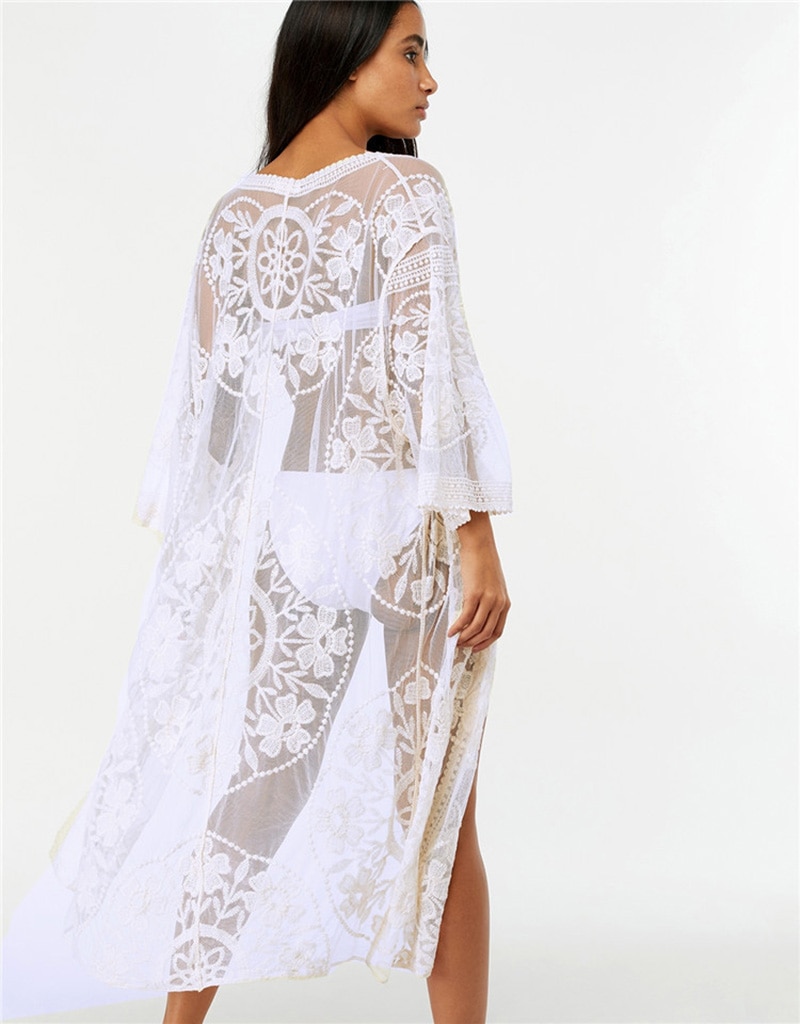 Fitshinling Flower Lace Beach Cover Up Swimwear Kimono Flare Sleeve See Through Long Cardigan Bikini Outer Cover Sexy Cover-Ups