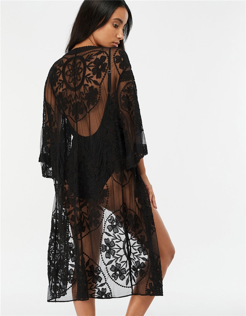 Fitshinling Flower Lace Beach Cover Up Swimwear Kimono Flare Sleeve See Through Long Cardigan Bikini Outer Cover Sexy Cover-Ups