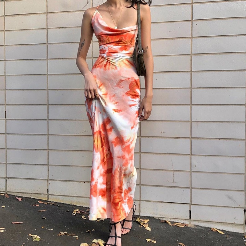 Tie Dye Printed Backless Midi Dress