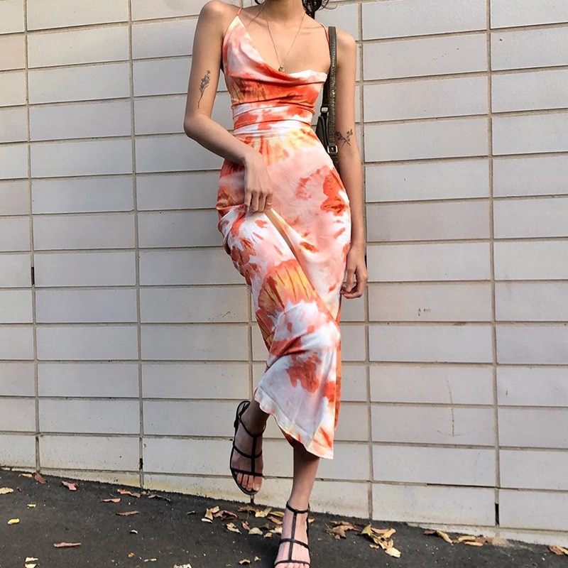 Tie Dye Printed Backless Midi Dress