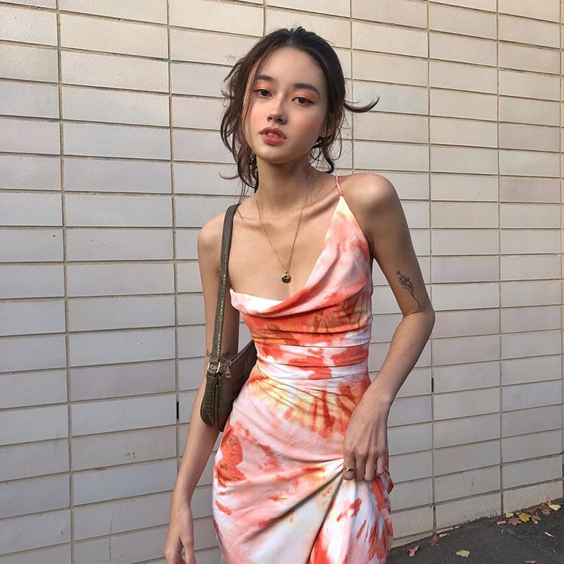 Tie Dye Printed Backless Midi Dress