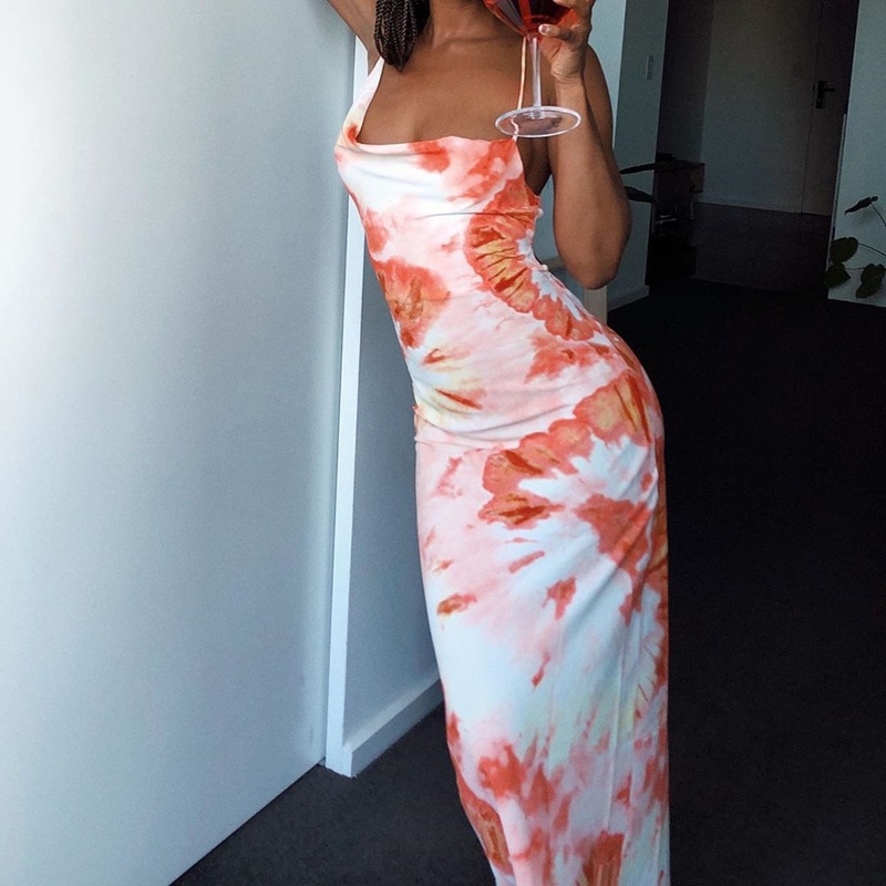 Tie Dye Printed Backless Midi Dress