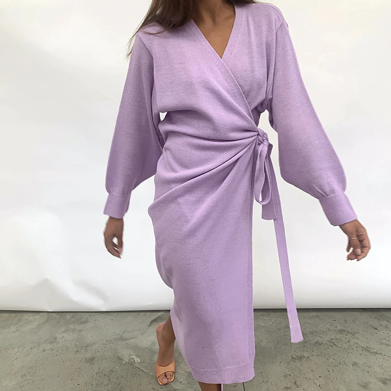 Knitted Women's Wrap Dress with V-Neck