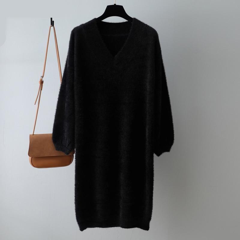 Simple V-Neck Thick Sweater Dress for Women