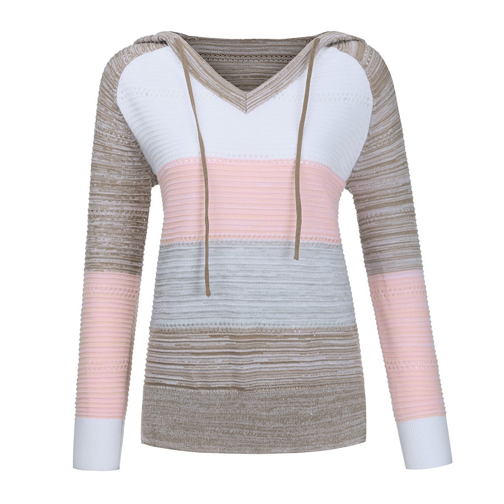 Women's V-Neck Patchwork Hooded Sweater