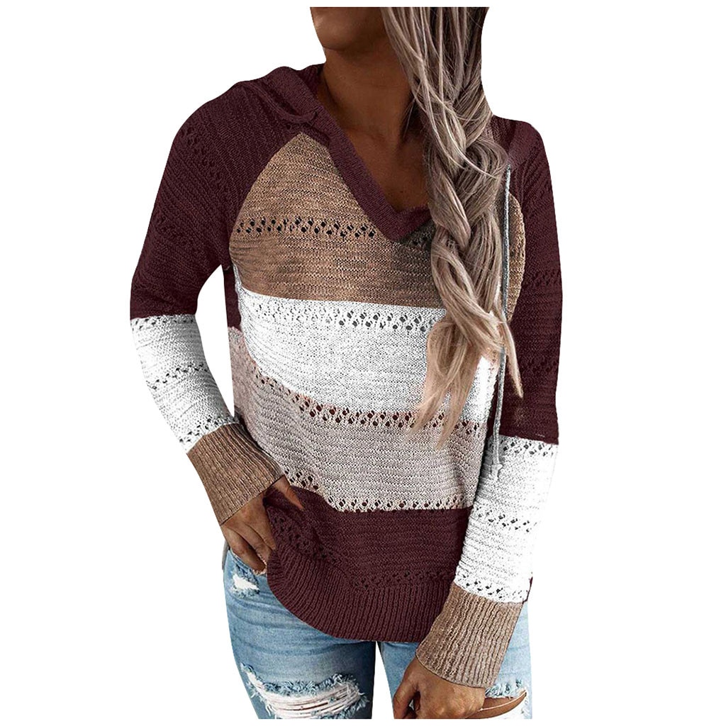 Women's V-Neck Patchwork Hooded Sweater