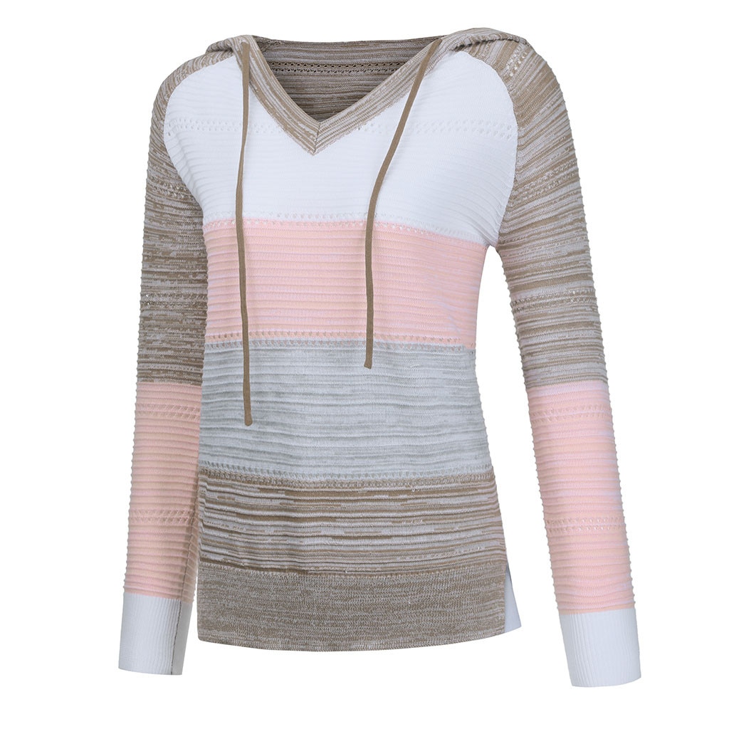 Women's V-Neck Patchwork Hooded Sweater