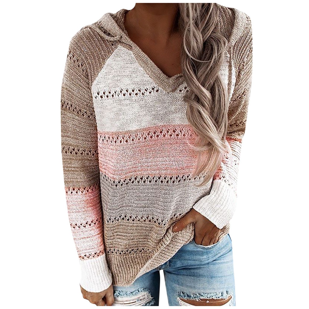 Women's V-Neck Patchwork Hooded Sweater