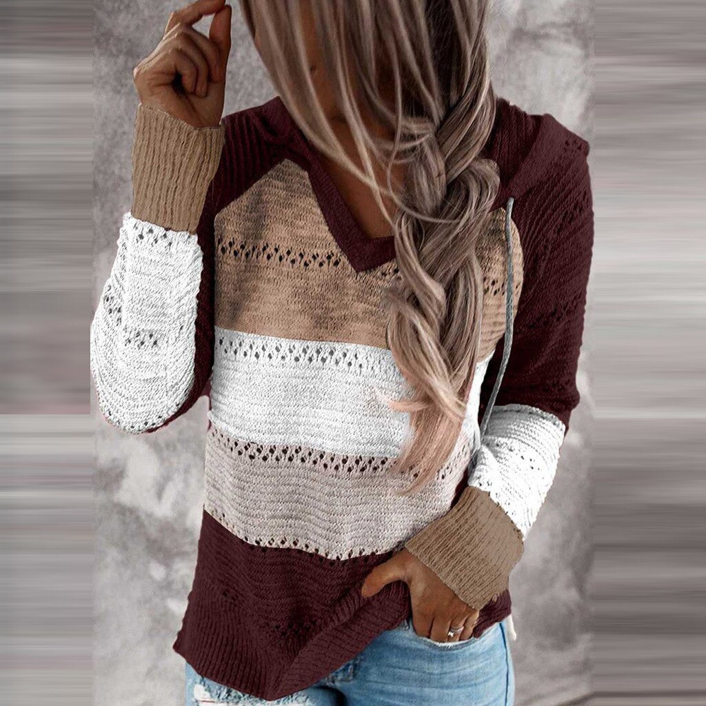 Women's V-Neck Patchwork Hooded Sweater