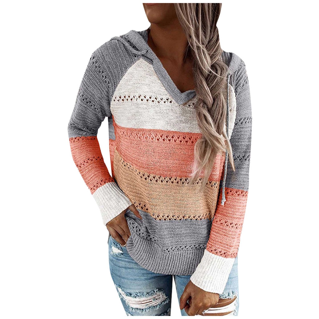 Women's V-Neck Patchwork Hooded Sweater