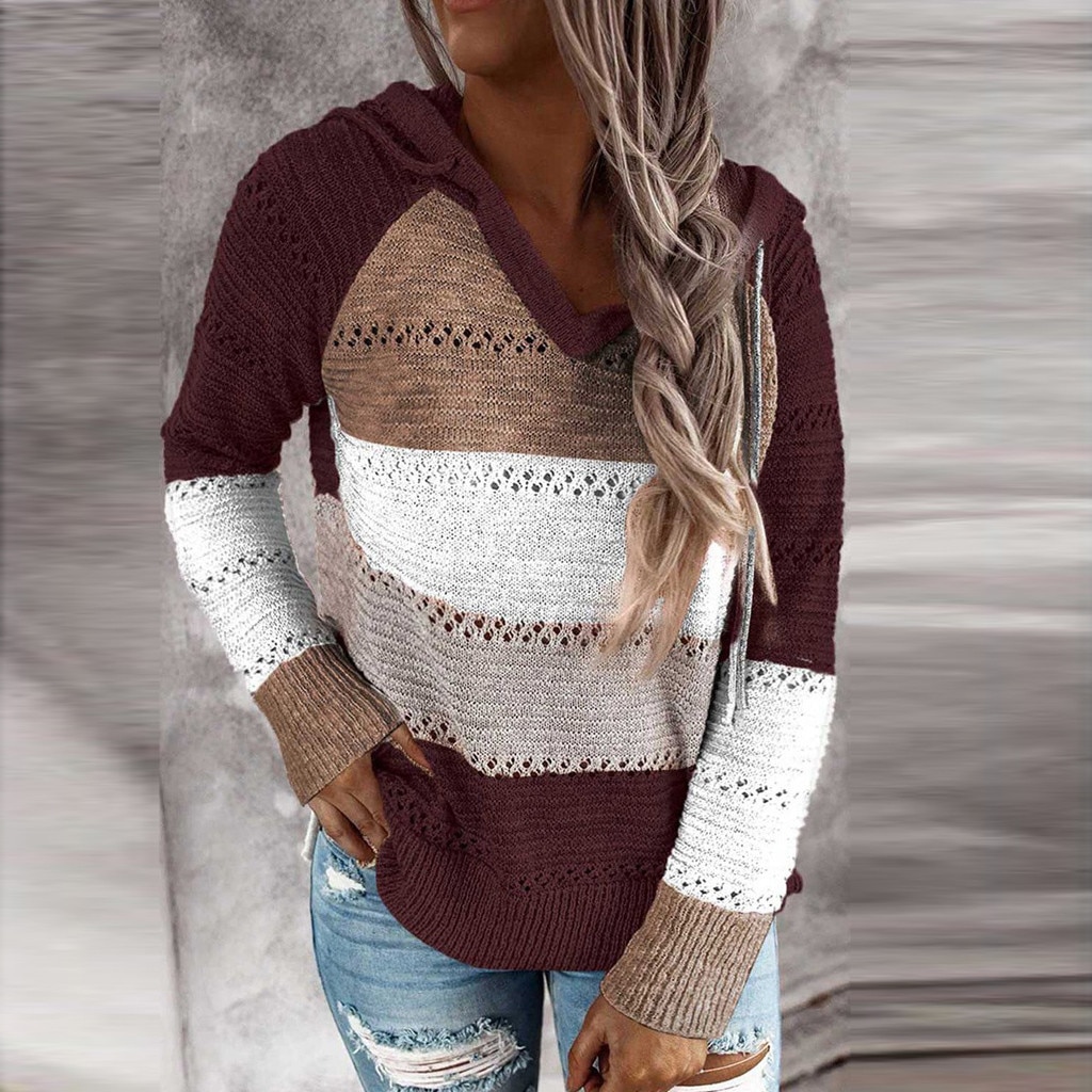 Women's V-Neck Patchwork Hooded Sweater