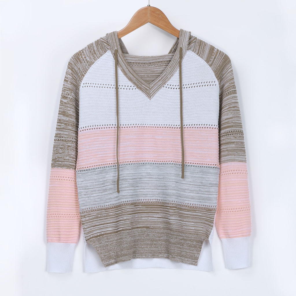 Women's V-Neck Patchwork Hooded Sweater