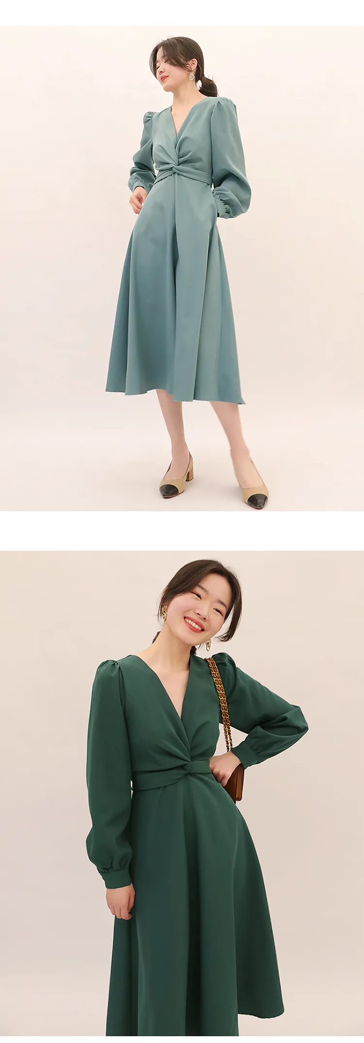 Spring summer new elegant knot lace-up long sleeve V-neck high waist solid color dress
