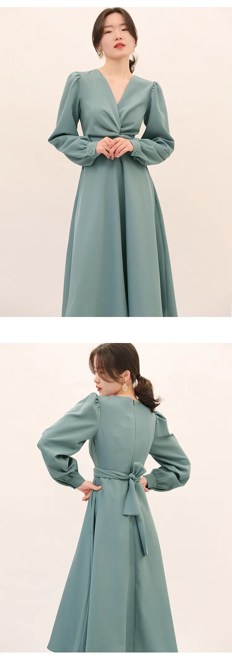 Spring summer new elegant knot lace-up long sleeve V-neck high waist solid color dress