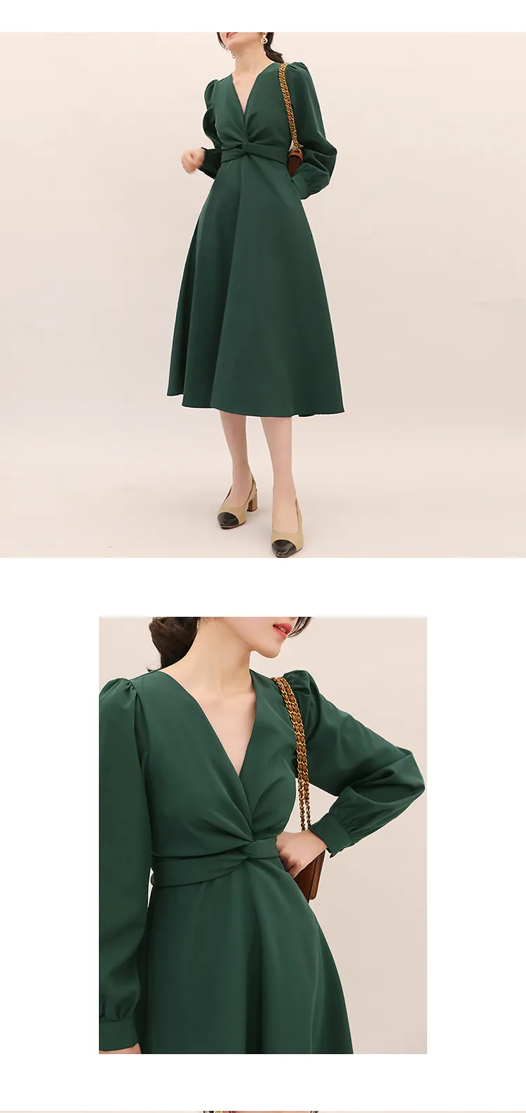 Spring summer new elegant knot lace-up long sleeve V-neck high waist solid color dress
