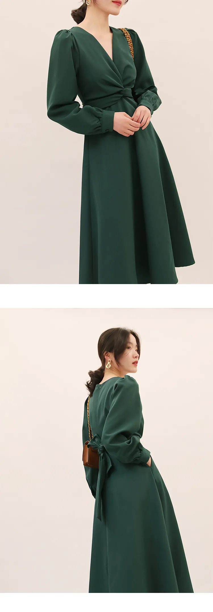 Spring summer new elegant knot lace-up long sleeve V-neck high waist solid color dress