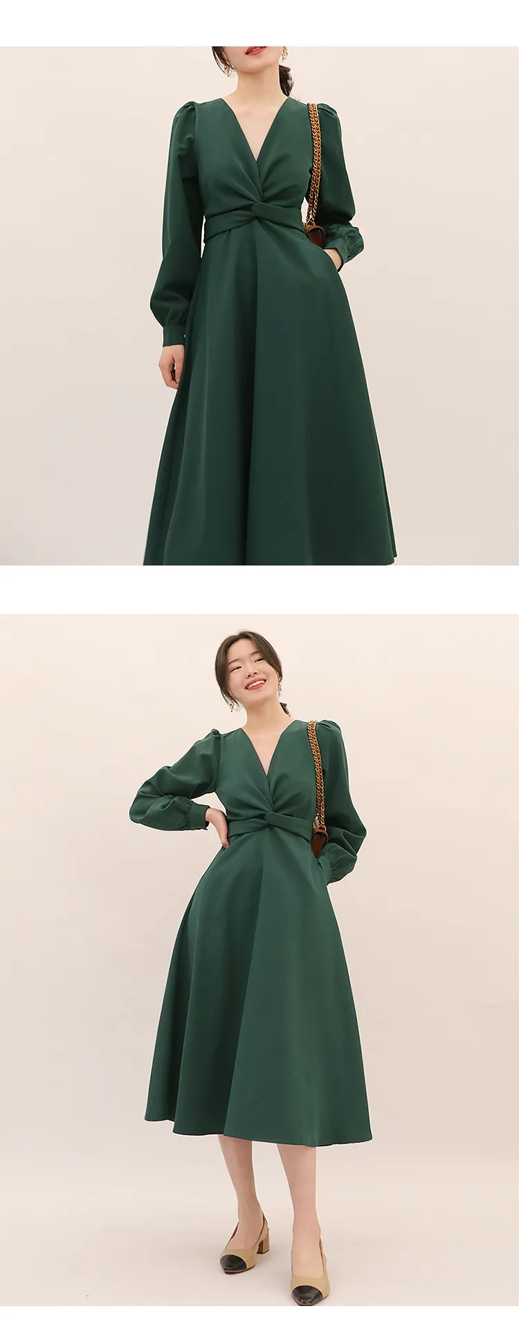 Spring summer new elegant knot lace-up long sleeve V-neck high waist solid color dress