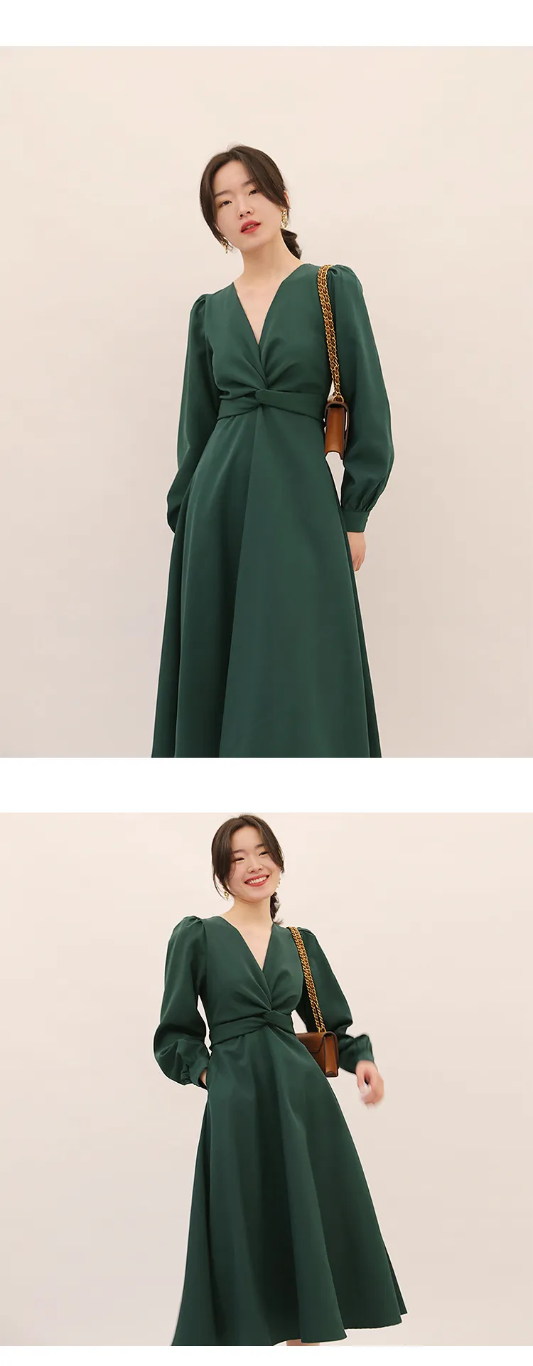 Spring summer new elegant knot lace-up long sleeve V-neck high waist solid color dress