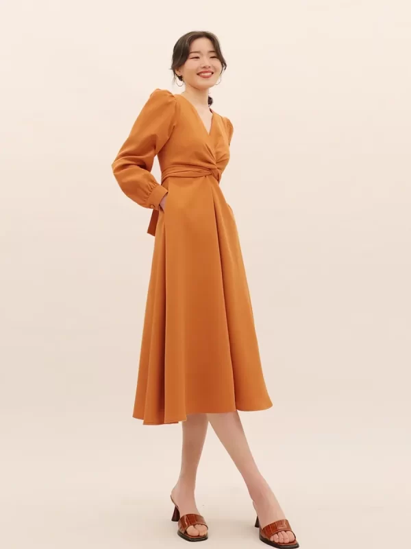 Spring summer new elegant knot lace-up long sleeve V-neck high waist solid color dress - Image 5