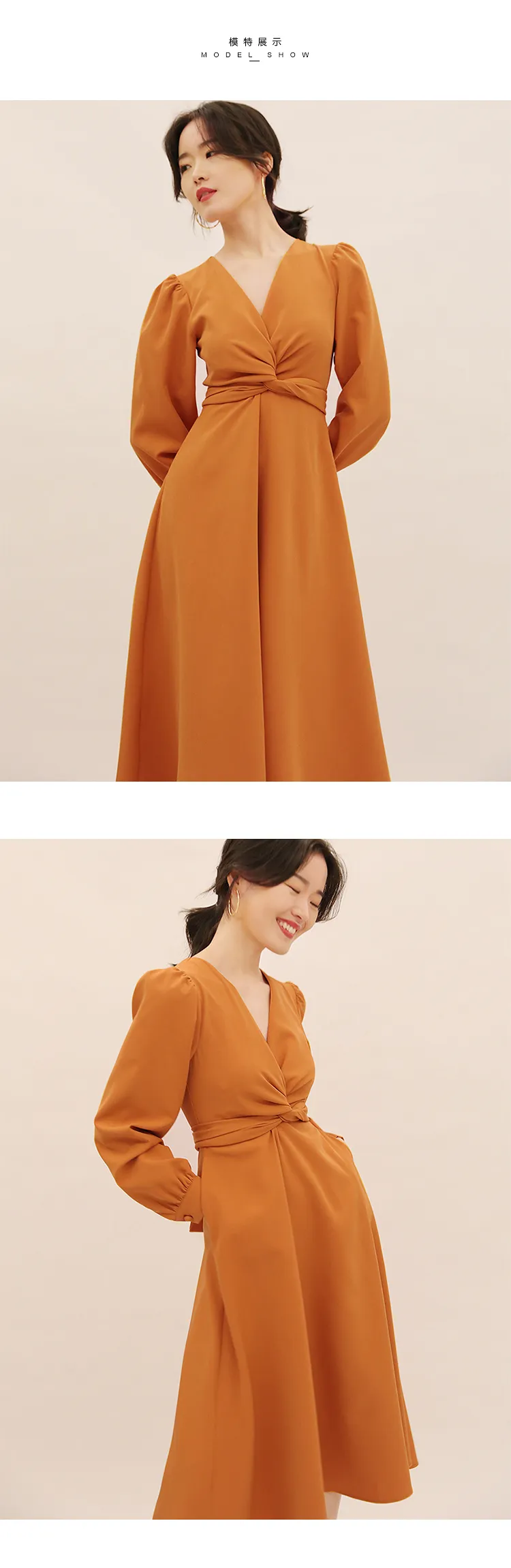 Spring summer new elegant knot lace-up long sleeve V-neck high waist solid color dress