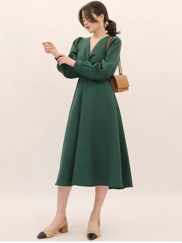 Spring summer new elegant knot lace-up long sleeve V-neck high waist solid color dress - Image 6