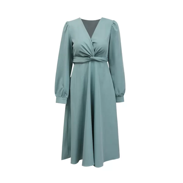 Spring summer new elegant knot lace-up long sleeve V-neck high waist solid color dress - Image 3