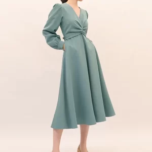Spring summer new elegant knot lace-up long sleeve V-neck high waist solid color dress