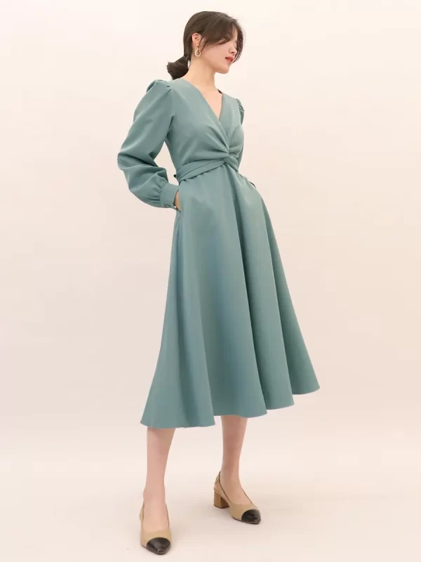 Spring summer new elegant knot lace-up long sleeve V-neck high waist solid color dress