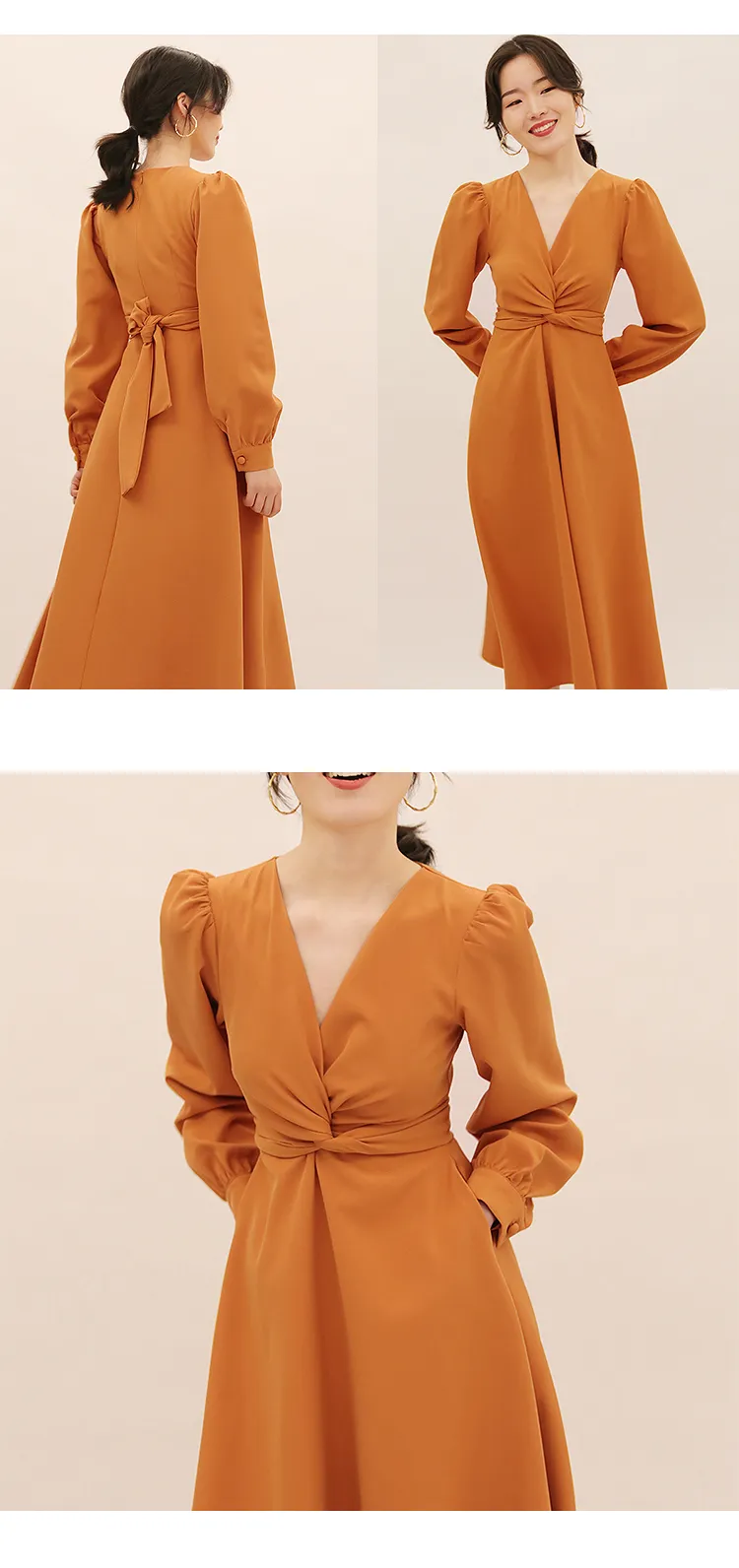 Spring summer new elegant knot lace-up long sleeve V-neck high waist solid color dress