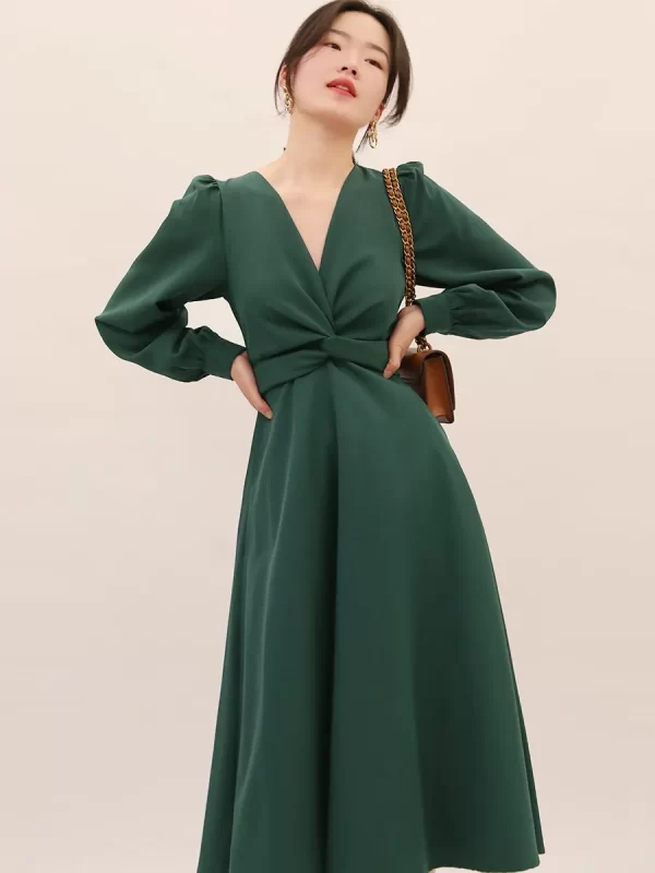 Spring summer new elegant knot lace-up long sleeve V-neck high waist solid color dress - Image 4