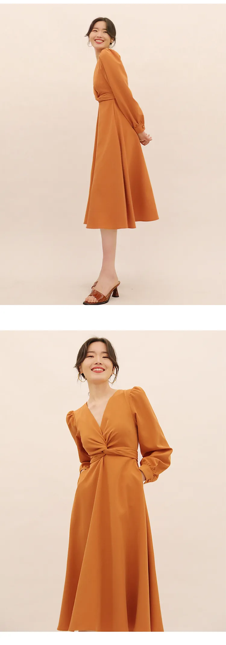 Spring summer new elegant knot lace-up long sleeve V-neck high waist solid color dress