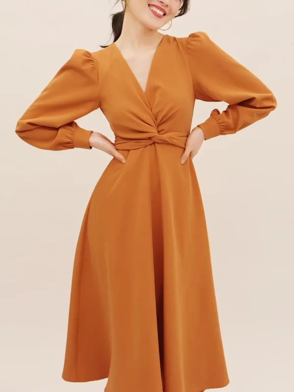 Spring summer new elegant knot lace-up long sleeve V-neck high waist solid color dress - Image 2