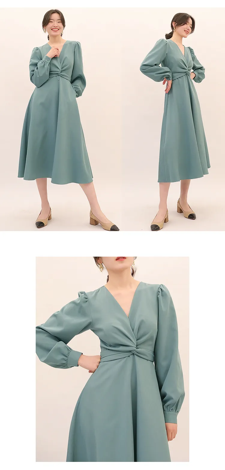 Spring summer new elegant knot lace-up long sleeve V-neck high waist solid color dress