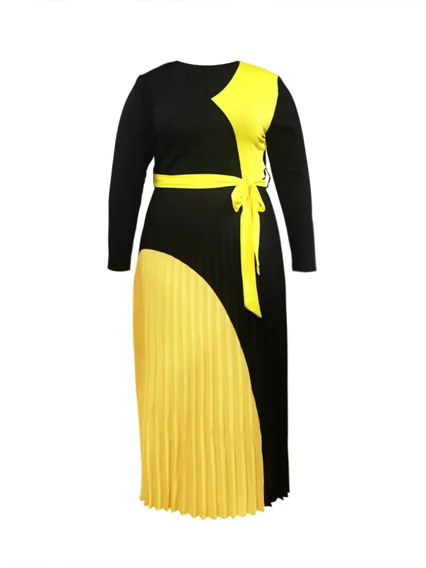 LW Elegant Fall Maxi Dresses Bandage DesignTiered Pleated A Line Dress Belted Long Sleeve V Neck Flowy Patchwork Vestidos - Image 4
