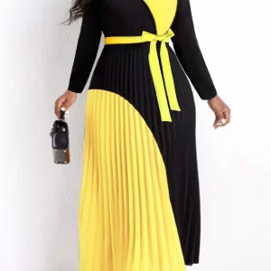 LW Elegant Fall Maxi Dresses Bandage DesignTiered Pleated A Line Dress Belted Long Sleeve V Neck Flowy Patchwork Vestidos