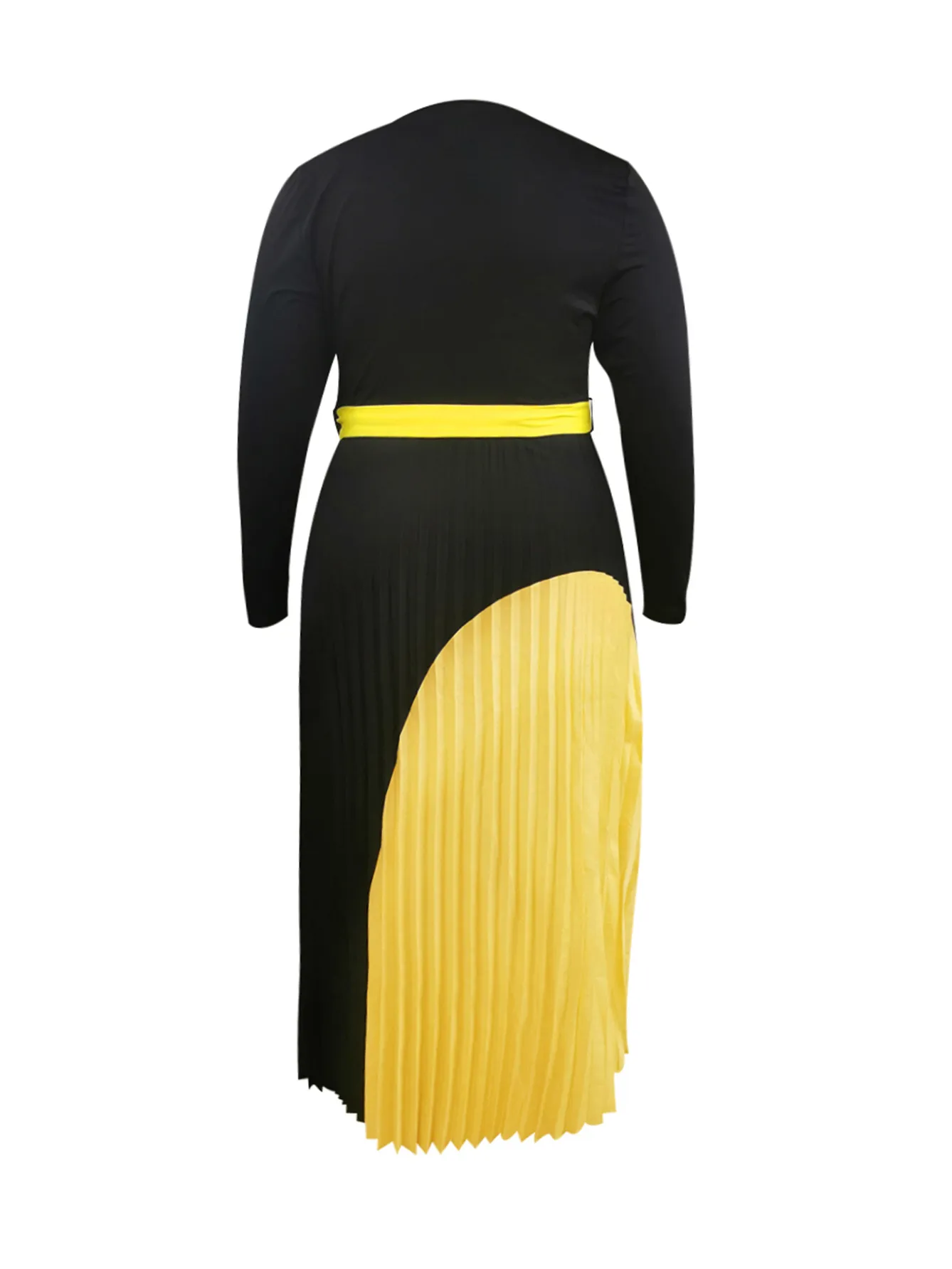 LW Elegant Fall Maxi Dresses Bandage DesignTiered Pleated A Line Dress Belted Long Sleeve V Neck Flowy Patchwork Vestidos