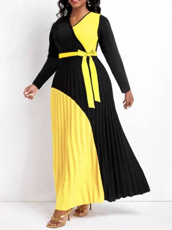 LW Elegant Fall Maxi Dresses Bandage DesignTiered Pleated A Line Dress Belted Long Sleeve V Neck Flowy Patchwork Vestidos - Image 2