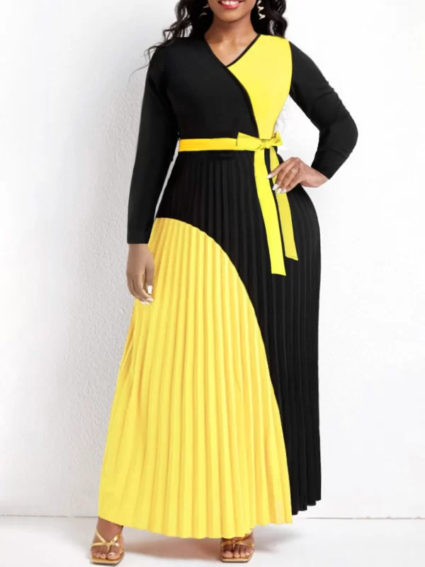 LW Elegant Fall Maxi Dresses Bandage DesignTiered Pleated A Line Dress Belted Long Sleeve V Neck Flowy Patchwork Vestidos - Image 3