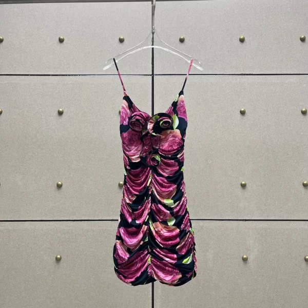 Women's Dresses 2023 Summer New Handmade Floral Print Pleated Slim Sexy Hollow Simple Fashion Casual Hundred With Halter Dresses - Image 5
