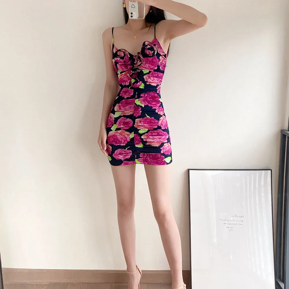 Women's Dresses 2023 Summer New Handmade Floral Print Pleated Slim Sexy Hollow Simple Fashion Casual Hundred With Halter Dresses
