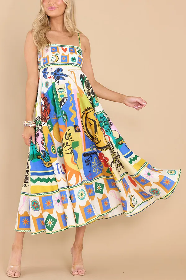 2023 New Sexy Women's Hanging Strap Graffiti Print Sleeveless Swing Dress Elegant Colorful Long Dress Summer Beach Vacation Robe